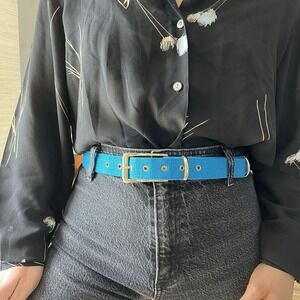 Vintage Blue Canvas Belt Gold tone Buckle Made In Canada Medium Preppy Coastal